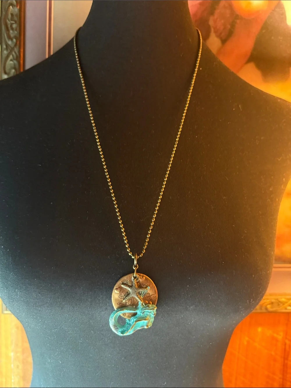 Bronze Mermaid Pendant 26” Necklace with Turquoise Patina